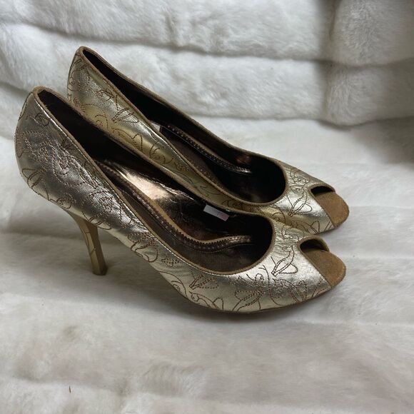 Babyphat gold stitching logos slip on heels peep toe rhinestones accent SZ10 - Picture 1 of 10